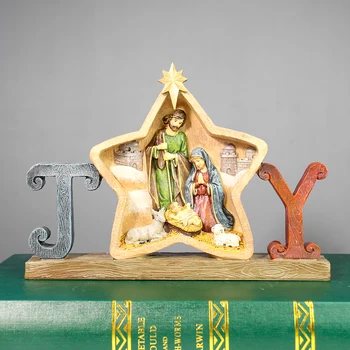 1PC Natividade Manjedoura Pentagrama de Madeira, Resina, Artesanato Estatueta de Decoração de Casa de Jesus Estátuas de Maria José Escultura em Miniatura Ornamentos