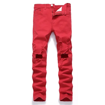 High Street Reta Jeans no Joelho Buraco Reta Fina Vermelho Longa Jeans Moda masculina Mendigo Calças de hip-hop Calças Plus Size