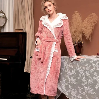 Inverno Laço de roupas para Mulheres Macio Quente Pijamas de Pelúcia Vermelho Camisolas para Senhoras Velo Nightdress Quimono Roupão do Hotel