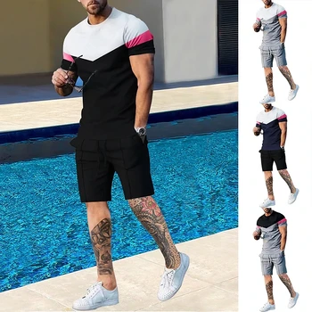 Nova T-shirt homem se ajustar as Roupas Plus Size Impressos em 3D Color Block Gráfico Novo Designer de Moda Gola Redonda Ropa Manga Curta com 2 Pcs