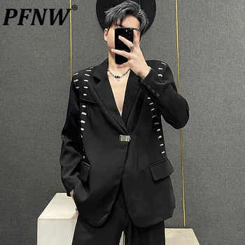 PFNW Nova empresa, masculina Casual se ajustar Botão de Metal-coreano Moda Streetwear Graffiti Almofada de Ombro Bonito Primavera, Outono, Blazers 28A3340