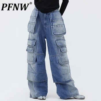 PFNW Primavera, Outono Novos Homens da Moda Vestuário de trabalho Wide Leg Jeans Desgastado Vintage High Street Multi-bolsos Gradiente Calças 28A3604
