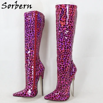 Sorbern Holo Purple Leopard Joelho Alto Botas de Mulheres de 18 cm de Metal de Salto Alto Agulha Dedo Apontado Personalizado Ampla Ou Slim Fit Pernas
